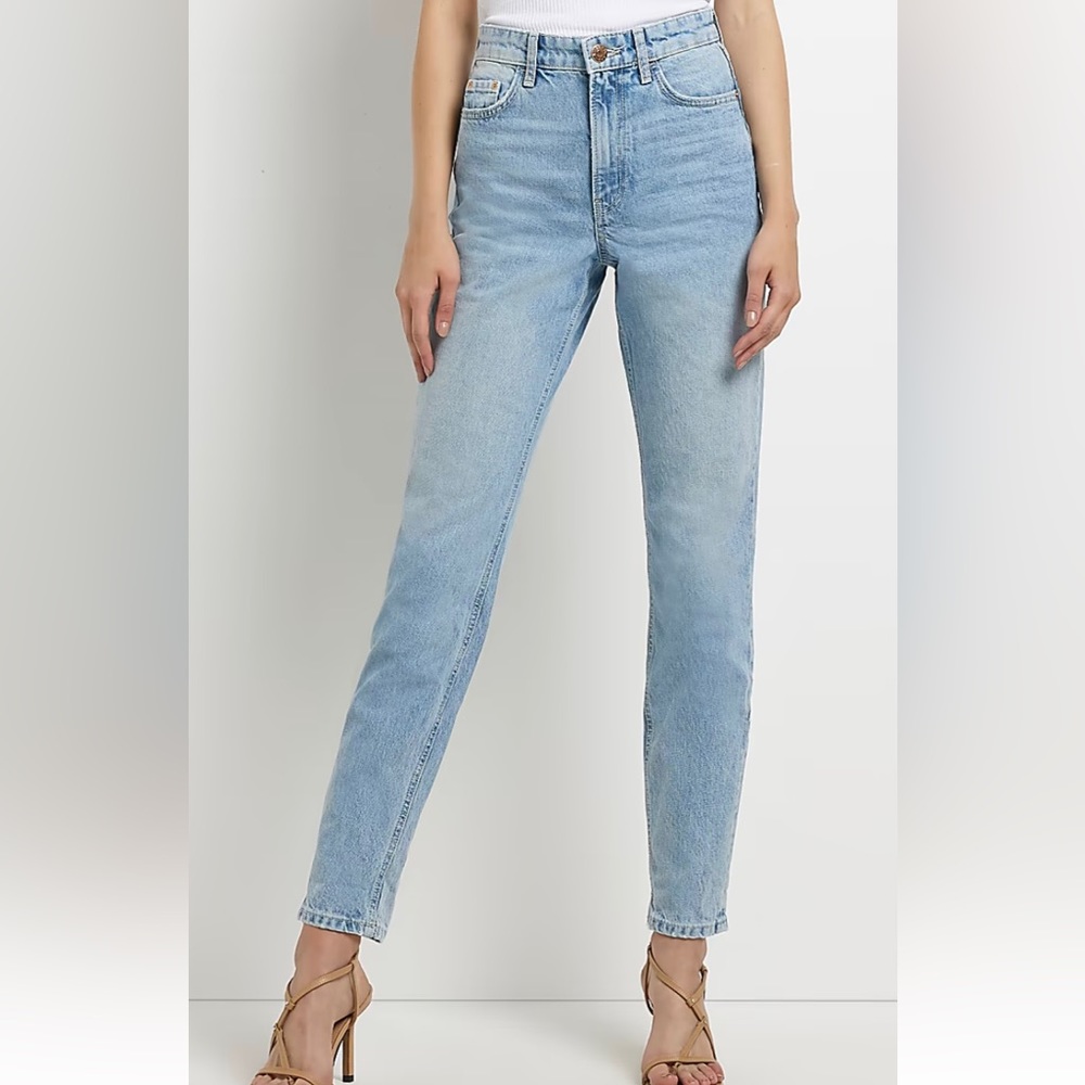 NWT | RIVER ISLAND Blue High Waisted Mom Jeans | 8S UK / 4S US / 26” petite